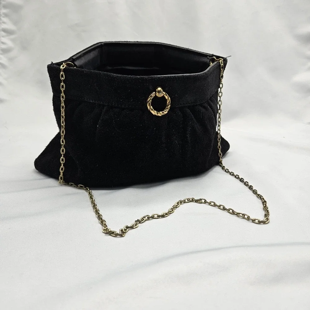 Vintage 90s Sueded Hinged Frame Clutch Oyster‎ Clam Purse Handbag Chain Strap